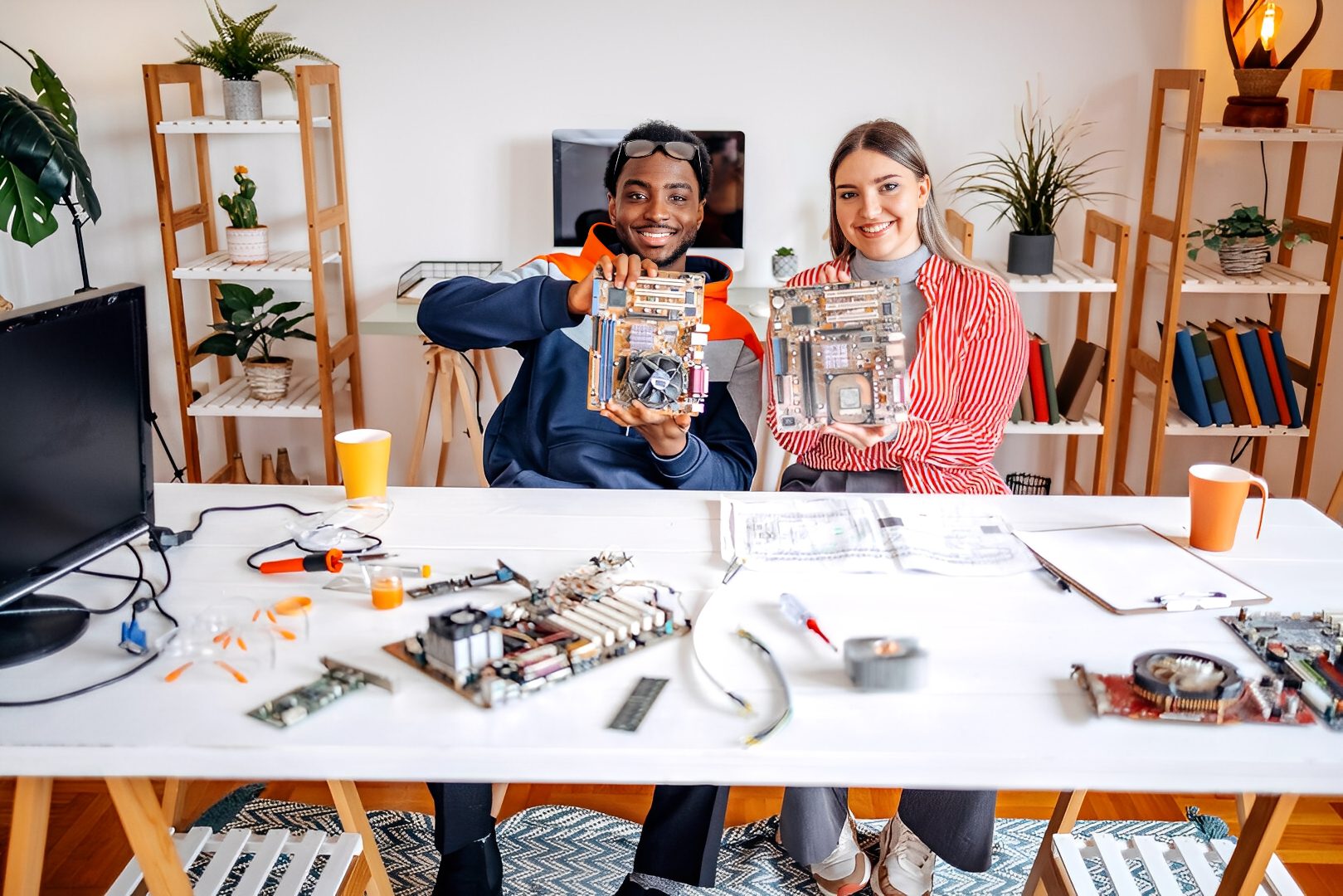 Two people holding computer motherboards, smiling.