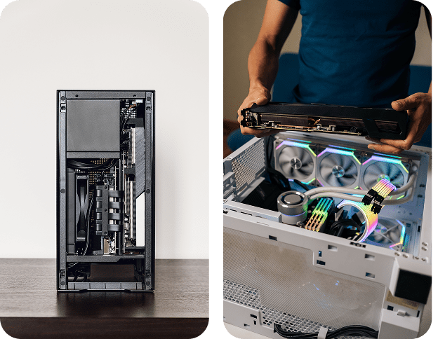 Two computer cases with components and lighting.